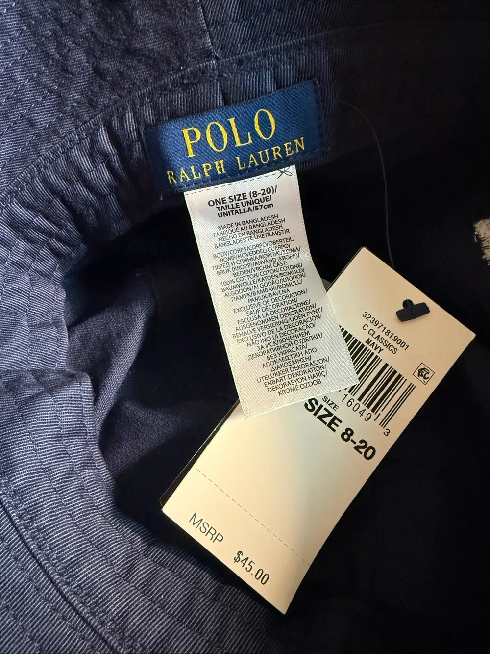 Ralph Lauren Kids Navy Bucket Hat with Embroidered American Flag